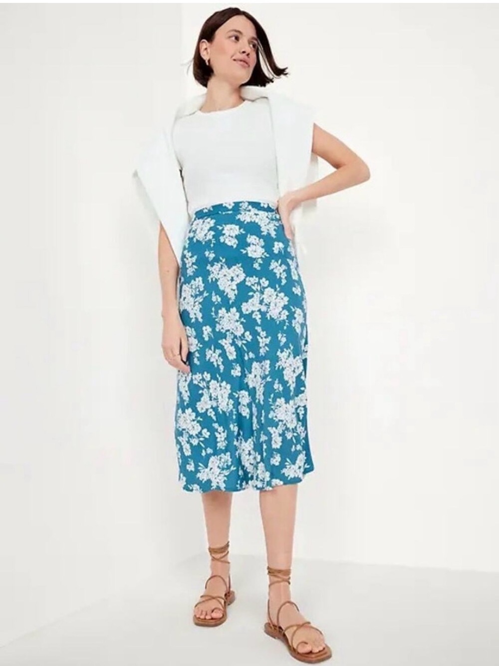 Old Navy Teal Floral Crepe A- Line Midi Skirt size M
